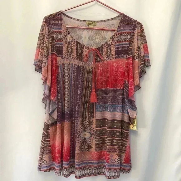 One World Mulit Color Boho Short Sleeve Shirt M - Picture 2 of 8